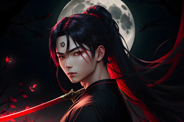 A gothic anime depiction featuring a young Asian male with glowing red eyes, long hair tied in a ponytail, and a big black sword, set in a dark moonlit forest.Created with generative AI