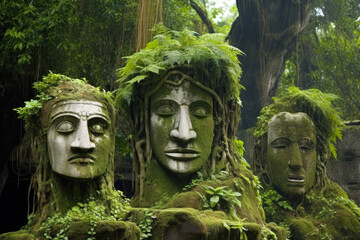 Fototapeta premium Three stone heads with plants growing on them