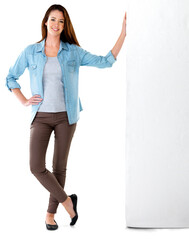 Portrait, wall and woman leaning with fashion or casual clothes isolated in a transparent or png...