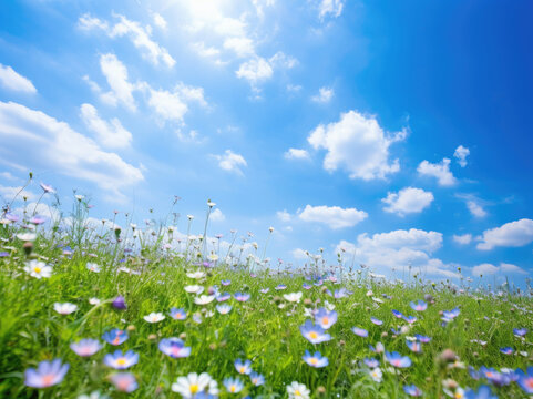 Field of wild flowers and blue sky sunshine in summer