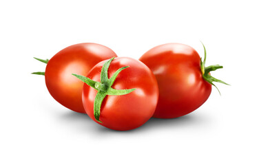 Three fresh juicy red ripe tomatoes isolated against a transparent background