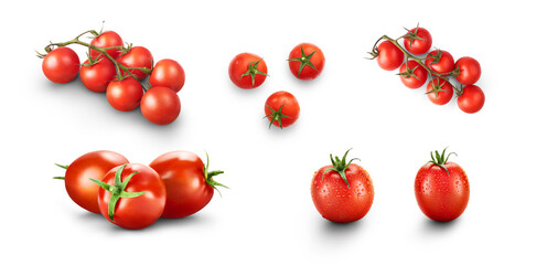 A collection of fresh juicy red ripe tomatoes on and off the vine isolated against a transparent...
