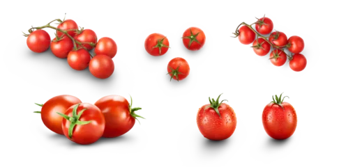 Fotobehang A collection of fresh juicy red ripe tomatoes on and off the vine isolated against a transparent background © Duncan Andison