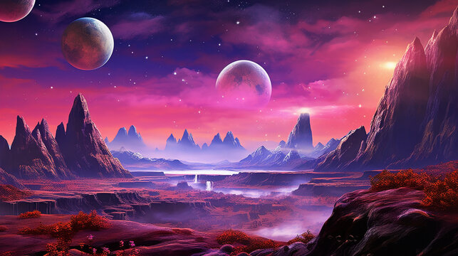 Space landscapes and planets in purple color. AI generated