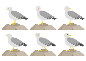 岩に止まるカモメのイラストのセット_横向き
