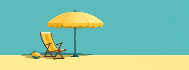 Illustration yellow Beach Chair, Yellow Umbrella and Ball on blue backround, banner with copy space happy beach summer holiday. AI generated