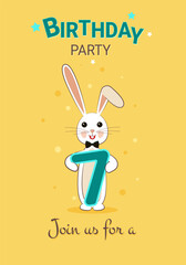 7 years old boy's birthday. A bunny with a bow tie and the number 7 in his paws. Invitation card banner. 
