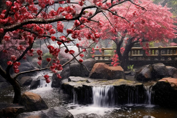Waterside rockery plum blossom petal rain. AI generative