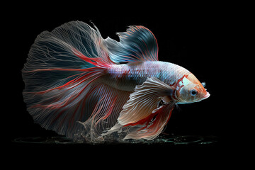 Fototapeta premium Image of colorful betta fish with long beautiful tails on dark background. Pet. illustration. Generative AI.