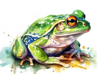 Fototapeta premium Watercolor painting of a green frog on a white background. Amphibian. Illustration, Generative AI.