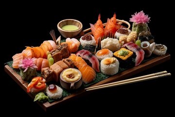 sushi on a black plate. 