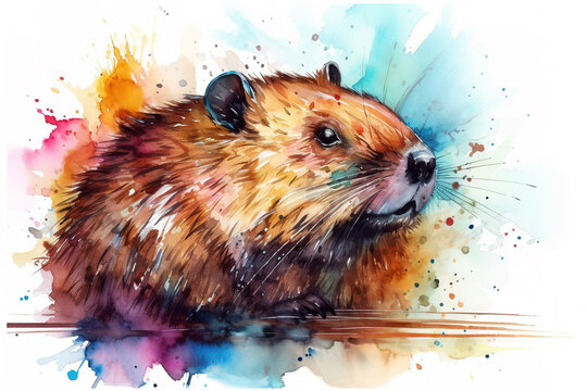Watercolor painting of a beaver on a white background. Wildlife Animals. Illustration, Generative AI.
