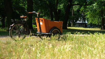 Wooden E-cargo bike parking in a park in Berlin. Bright summer day. Grass in foreground. Eco...