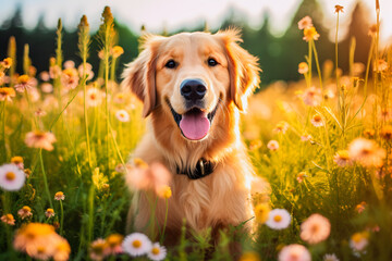 Golden Retriever in Field of Flowers: Captivating Nature Photography