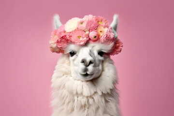 portrait of fluffy white llama wearing a flower crown on a pink background created with AI generative tools