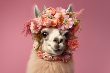 portrait of fluffy white llama wearing a flower crown on a pink background created with AI generative tools