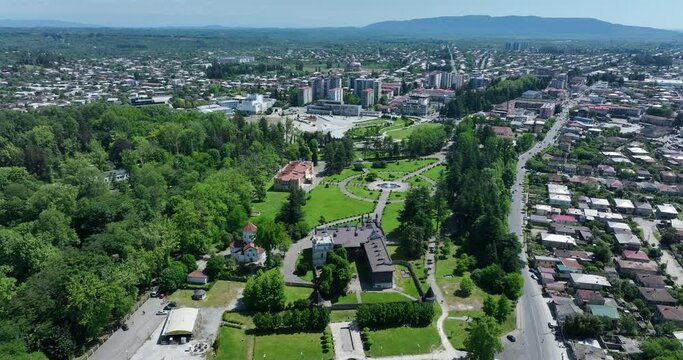 Aerial view of Dadiani Palace in the center of Zugdidi city. Georgia