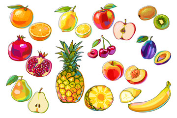 Collection of fruits isolated. Apple, pear, peach, plum, banana, pineapple, kiwi, cherry, lemon, orange, pomegranate. Colorful fruits in cartoon style on a white background. Vector.