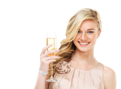 Wine glass, portrait and happy woman with toast, celebration and alcohol for party, holiday or event. Face, celebrate and champagne of person or model success isolated on transparent, png background - Powered by Adobe