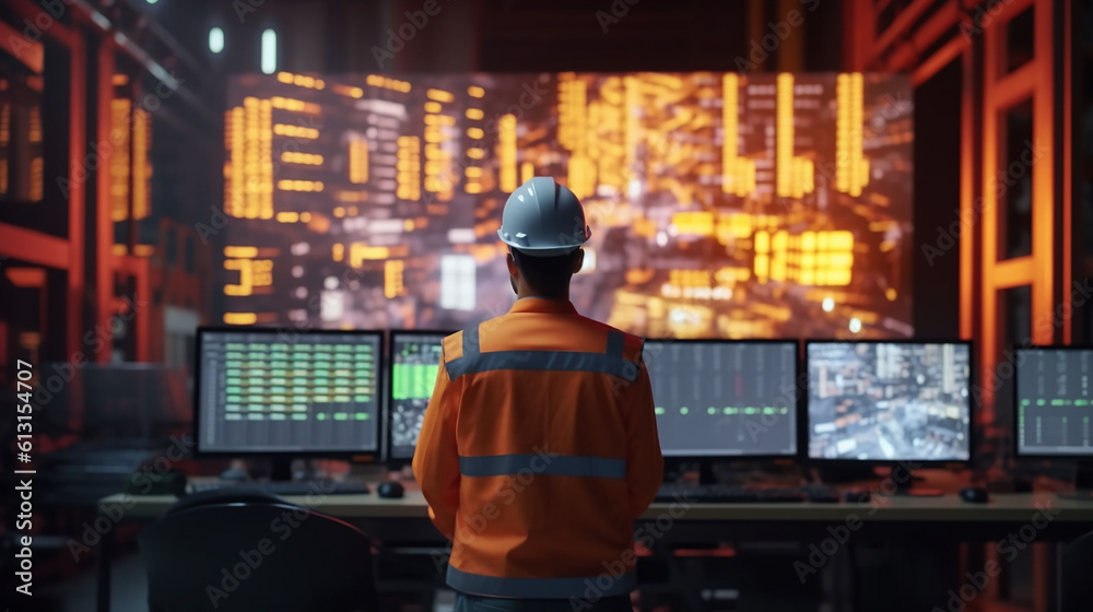 Wall mural back view of engineer in safety helmet and uniforms on big screen monitor computer working control m