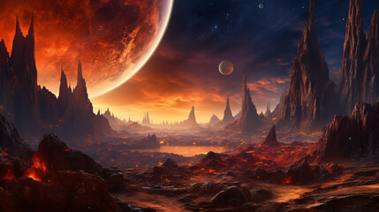 Fototapeta na wymiar Landscape in fantasy alien planet with flaming moon