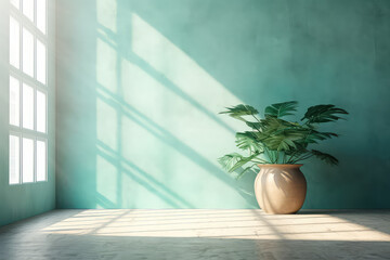 Fototapeta na wymiar Simple interior front view wall with sunlight shade from white window, green potted plant. Minimal style pastel mint blue colors. Generative AI photo imitation.