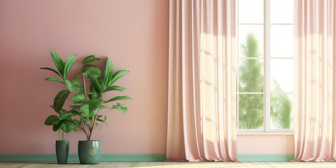 Simple interior front view wall with sunlight shade from window, green potted plant, tulle curtains. Minimal style, soft pastel pink and mint blue colors. Generative AI photo imitation.