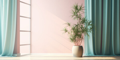 Simple interior front view wall with sunlight shade from window, green potted plant, soft tulle curtains. Minimal style pastel pink and mint blue colors. Generative AI photo imitation.