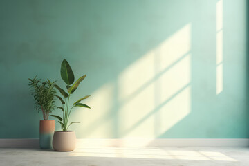 Simple interior front view painted wall with sunlight shade from window, green plant. Minimal style pastel and mint blue colors. Generative AI photo imitation.