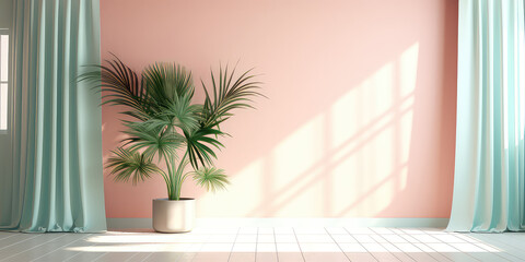 Simple interior front view wall with sunlight shade from window, green potted plant, tulle curtains. Minimal style pastel pink and mint blue colors. Generative AI photo imitation.