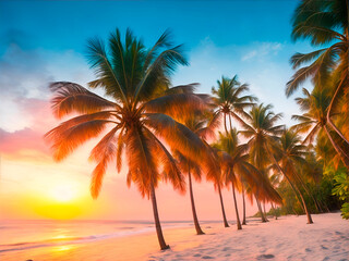 A beautiful beach with coconuts trees at sunset