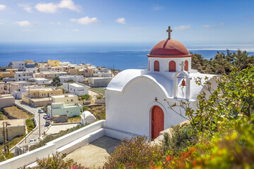 View over greek village with church, Karpathos, Greek Islands