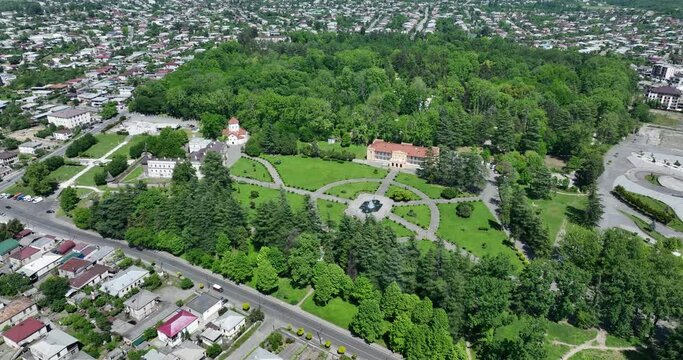 Aerial view of Dadiani Palace in the center of Zugdidi city. Georgia