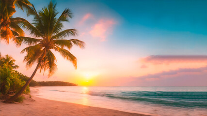 Fototapeta na wymiar A beautiful beach with coconuts trees at sunset