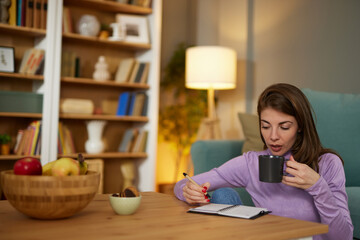 Pretty young woman sitting in cozy living room and making notes to her diary