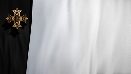 Liturgic black white velvet and golden Christian Coptic Orthodox Cross. 3D illustration template loop background Concept of worship live stream church sermon for weekday funerals memorials and liturgi