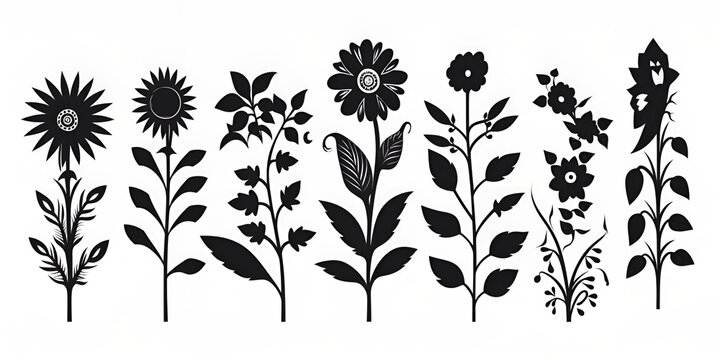 Plants flowers set silhouette on white background, generative Ai