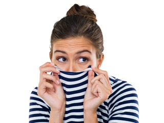 Isolated woman, hide face and sweater with fear, anxiety or shy with transparent png background....