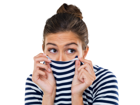 Isolated woman, hide face and sweater with fear, anxiety or shy with transparent png background. Girl, cover mouth and nose with shirt for smell, funny and scared with looking, fashion and clothes