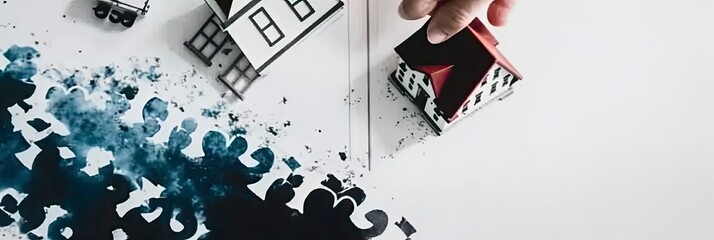 model house with ink smudges on a desk. Generative ai