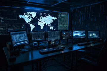 Fototapeta premium communication concept, monitoring, control panel, central, PC, blue black lights, data security