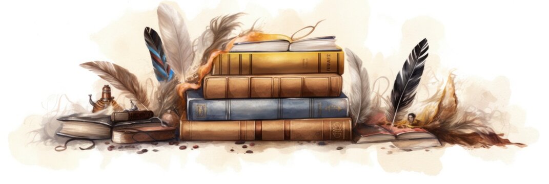 Watercolour illustration of books with a feather on top. Generative ai