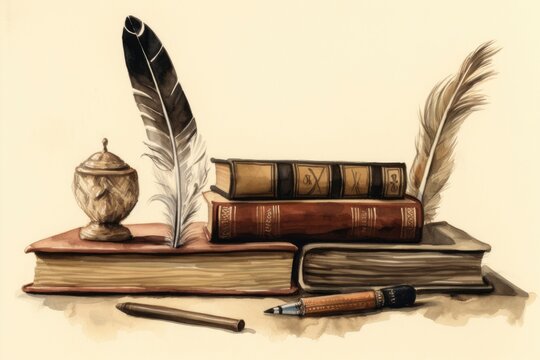 Watercolour illustration of books with a feather on top. Generative ai