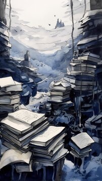 Watercolour illustration a pile of books and papers . Generative ai