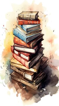 Watercolour illustration of books with a feather on top. Generative ai
