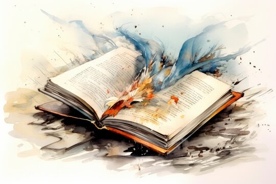 Watercolour illustration of open books. Generative ai