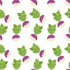 Turnip seamless pattern on white background. Vegetable turnip with leaves in flat illustration. Healthy and organic food. Radish vector illustration