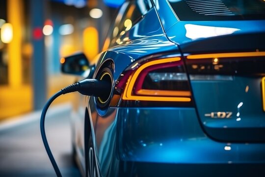 Close-up of charging an electric car battery, Generative Ai