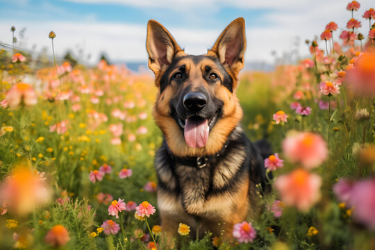 Vibrant Flower Field: Adorable German Shepherd Picture