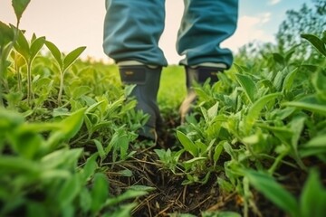 Close-up of a farmer's feet in rubber boots, Generative Ai